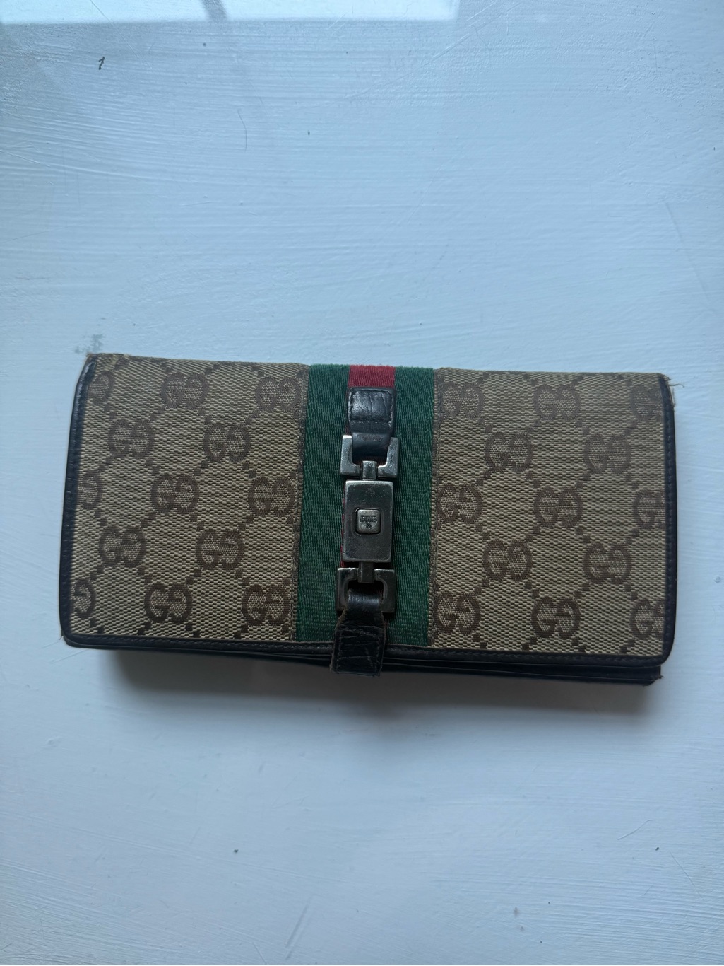 Gucci Brown Monogram Continental Wallet With Green & Red Web